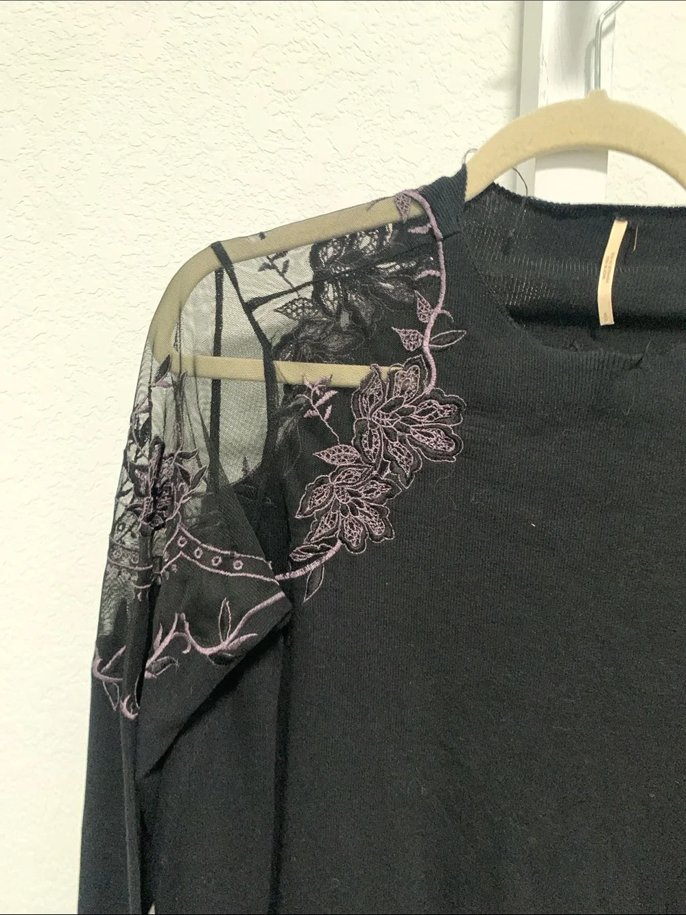 Free People Black Boho Long-Sleeve Top with Floral Embroidered Mesh Yoke